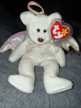 1998 Ty White Angel Halo Plush with Iridescent Pink Wings & Ribbon BNWT